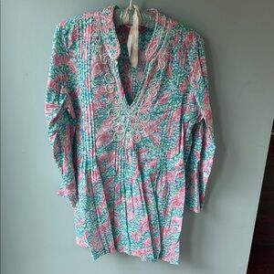 Lilly Pulitzer Pink and Blue Pleated Bib Collar Tunic